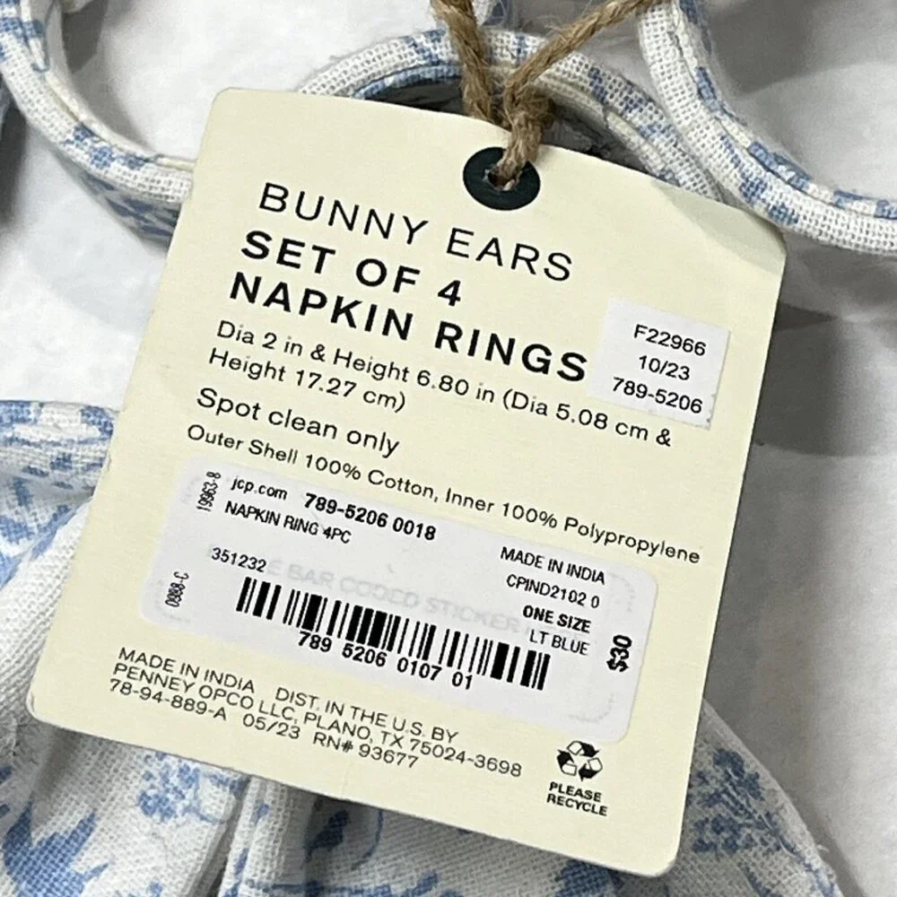 Linden Street Easter Napkin Rings Bunny‎ Rabbit Ears Fabric Blue Floral Set Of 8
